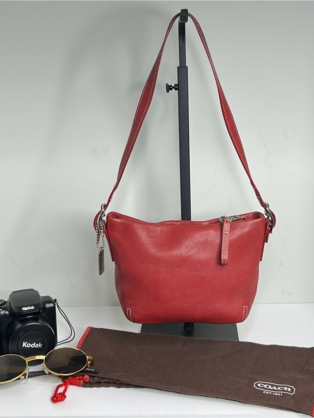 Coach Red Leather Shoulder Bag with Silver Hardware